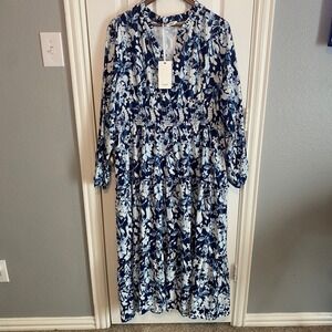 Grace Karin Maxi Dress 2XL NWT Blue Floral Smocked Waist Tiered Long Sleeve Boho